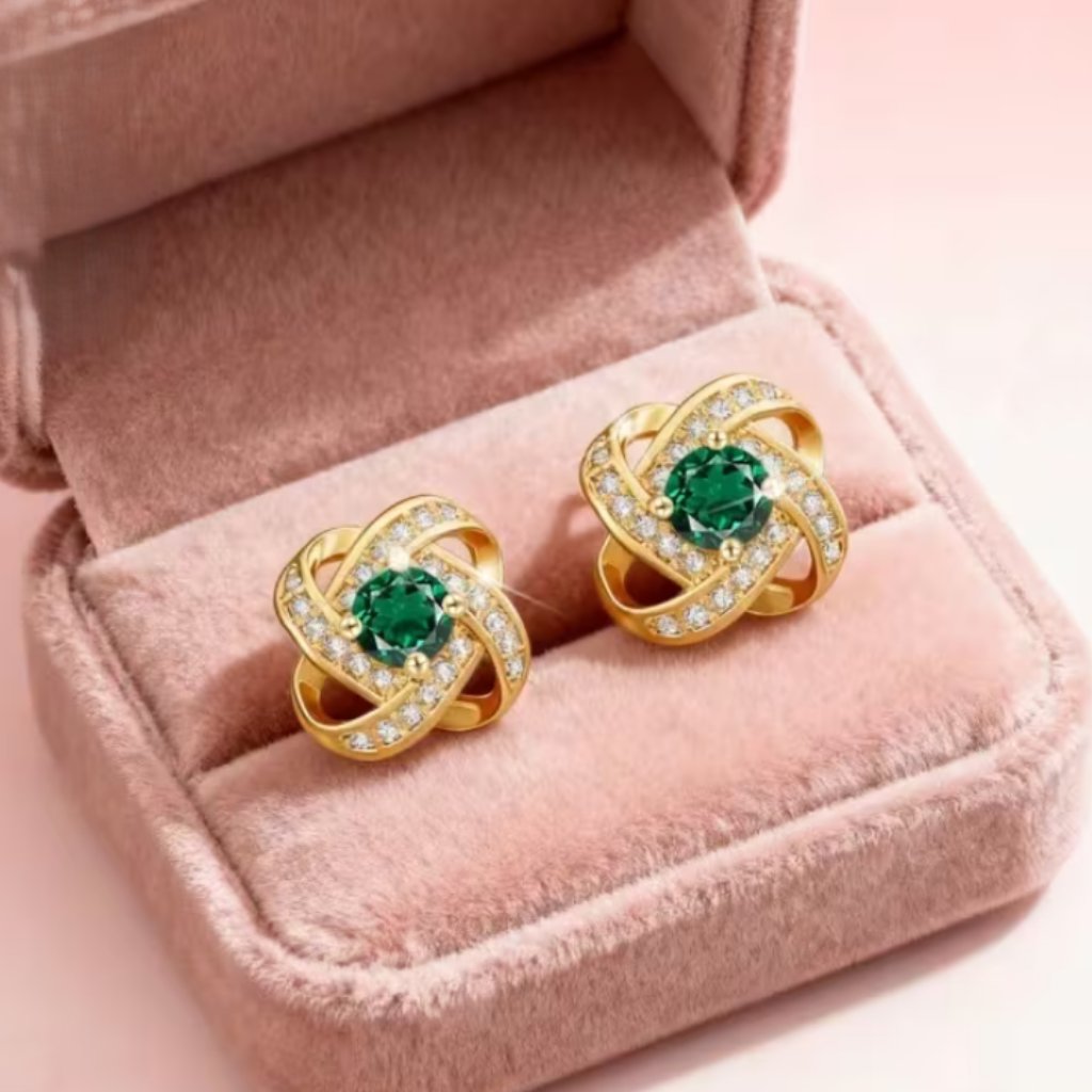 14k Gold Womens 2ct Green Emerald Gemstone 1ct Diamond Twisted Knot Earrings New